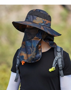 Detail of camouflage sun hat with detachable face mask and neck flap for fishing