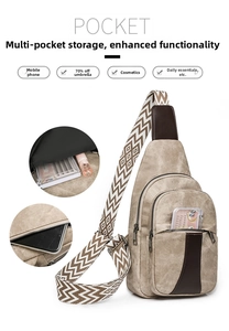 Detail view of khaki crossbody bag with multiple pockets for phone and umbrella storage