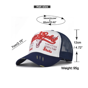 Detailed size measurement chart for vintage embroidered trucker hat with bull head design