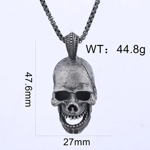 Vintage silver skull pendant necklace with precise dimensions of 47.6mm height and 27mm width