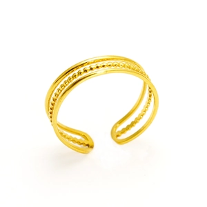 Three-layer 18K gold plated stainless steel open ring with minimalist beaded line design