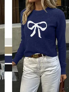 Women Knit Sweater Long Sleeve Crew Neck Bow Pattern Casual Streetwear Pullover Tops Acrylic Polyester Blend