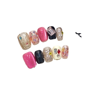 Handmade cat eye press-on nails with luxury pearls, rhinestones and 3D jewelry accents