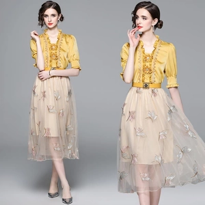 Women Elegant French Style Yellow Satin Ruffle Top And Butterfly Embroidered Mesh Tulle Midi Skirt With Belt Fashion