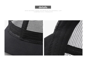 Detail view of black mesh baseball cap showing breathable fabric and reinforced stitching
