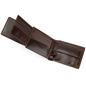 Detail view of genuine leather wallet featuring multiple card slots and a snap coin pocket