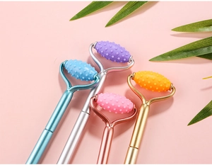 Close-up of creative manual massage roller pens with textured heads in vibrant colors