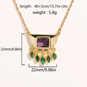Gold necklace with purple geometric pendant and green stones, including size specifications