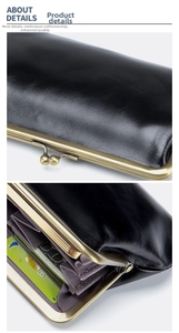 Close-up of black genuine leather wallet with gold kiss-lock and card slots