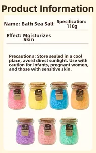 Detail of 110g mineral bath salts in glass jars with cork lids and kraft paper tags