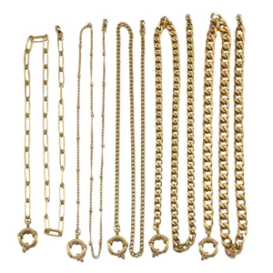 Set of five gold stainless steel chains featuring diverse links like curb and bead styles