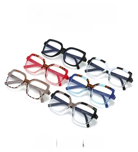 Flat lay of colorful square blue light blocking glasses in diverse patterned frames