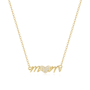 Detailed view of S925 silver necklace with golden Mama pendant and heart diamond inlay