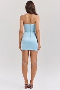 Detailed back view of a light blue satin mini dress featuring a concealed zipper closure