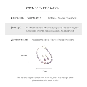 Detailed sizing chart for drop pendant necklace and rhinestone earrings jewelry set