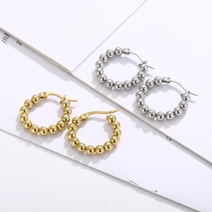 French retro style beaded circle hoop earrings in gold and silver stainless steel finish