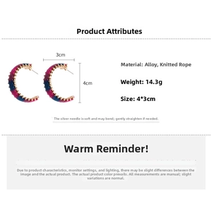 Detailed specs for C-shaped knitted earrings with colorful rope and gold alloy frame