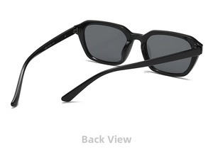 Back view of square black sunglasses with polarized lenses showing frame specifications