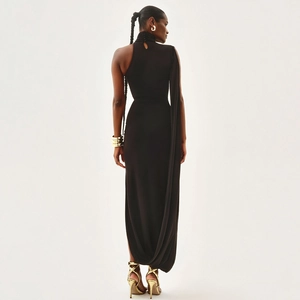Elegant black halter neck backless slimming evening dress with asymmetrical drape design