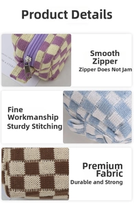 Detailaufnahme der gestrickten Kosmetiktasche mit Karomuster und hochwertigem Reißverschluss