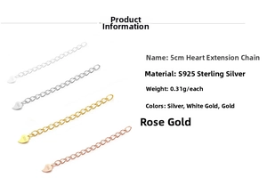 Detailed view of 5cm S925 sterling silver heart extension chains in four metal colors