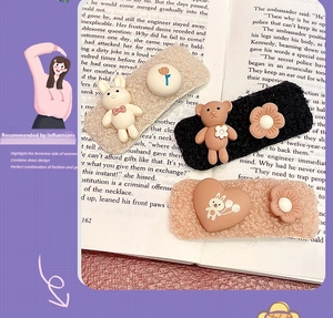 Plush rectangle hair clip set with 3D teddy bear and rabbit details for autumn winter
