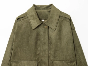 Detail of army green faux suede jacket collar and front flap with matte texture