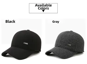 Detail view of winter baseball caps in black and grey wool with metal sport logo