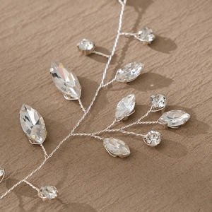 Handmade bridal ribbon headband with silver wire vines and clear marquise rhinestones