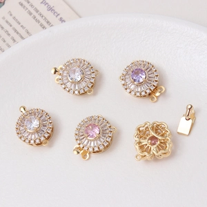14K gold plated flower necklace clasps with micro-paved zircons and colorful stones