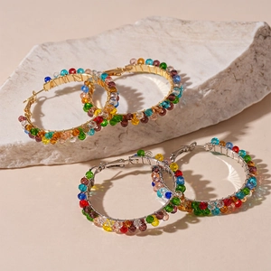 Colorful beaded geometric hoop earrings in gold and silver finish for women