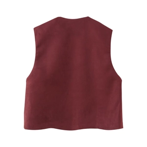 Detail view of the wine red faux suede vest back showing premium fabric texture