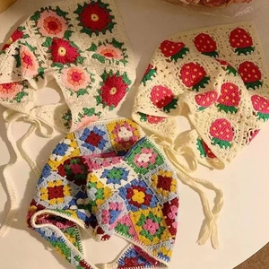 Handmade crochet triangular bandana with strawberry and floral patterns for women