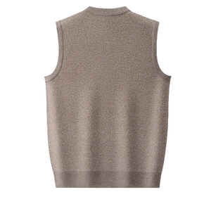 Back view of a classic brown sleeveless knit vest for men with ribbed hem detailing