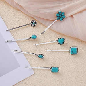 7-teiliges Set Haarspangen in Silber mit Türkissteinen in Herz- und Blumenform
