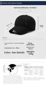 Size chart and dimensions for winter men baseball cap with wool fabric and ear protection
