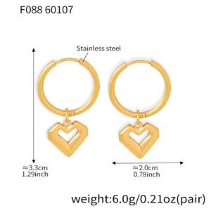 Detailed view of gold stainless steel heart earrings with dimensions and weight specs