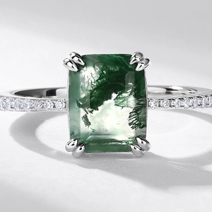 Rectangle moss agate ring in S925 silver setting with brilliant diamond accents