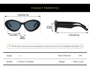 Detailed size chart for retro cat eye sunglasses showing PC frame dimensions and weight