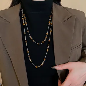 Vintage tiger eye stone beaded double-layer necklace with golden chain for women