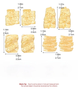 Size chart showing height and width measurements for four styles of gold steel earrings