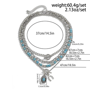 Detailed view of multilayer turquoise necklace set with size and weight measurements