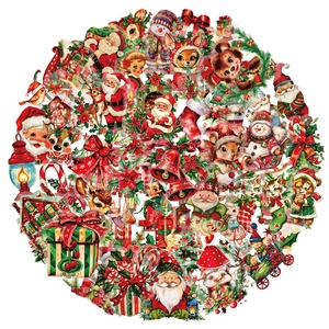 Detailed close-up of 50 vintage Christmas PET stickers featuring Santa and reindeer designs