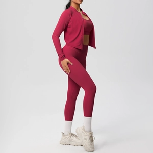 Completo yoga 3 pezzi bordeaux con giacca con zip e leggings a vita alta