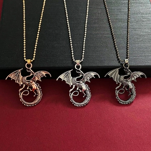 Gothic flying dragon skeleton pendant necklaces in rose gold, silver and black finishes