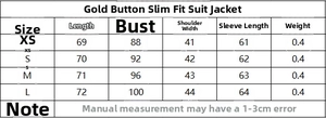 Detailed size chart for slim fit blazer with gold buttons showing length and bust measurements