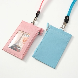 Pink and blue PU leather lanyard card holders with multi-slots and zipper pockets