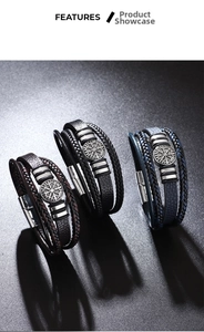 Detailed view of multilayer braided leather bracelets with compass metal charms and magnetic clasp