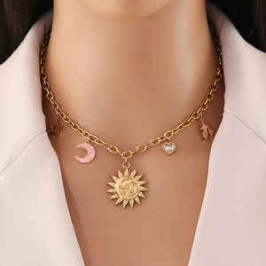 Stainless Steel Gold Plated Multi Pendant Necklace Sun Moon Star Sea Star Dolphin Shell Charms Bohemian Women Jewelry