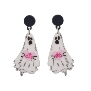 Ghost earrings with pink heart and UR CUTE text made of white acrylic for Halloween